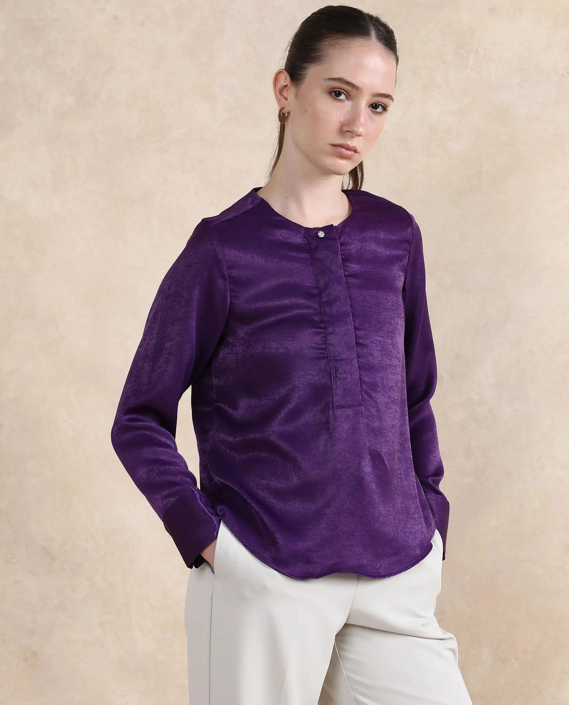 Rareism Women Daxzo Purple Velvet Regular Sleeves Round Neck Button Closure Relaxed Fit Plain Top