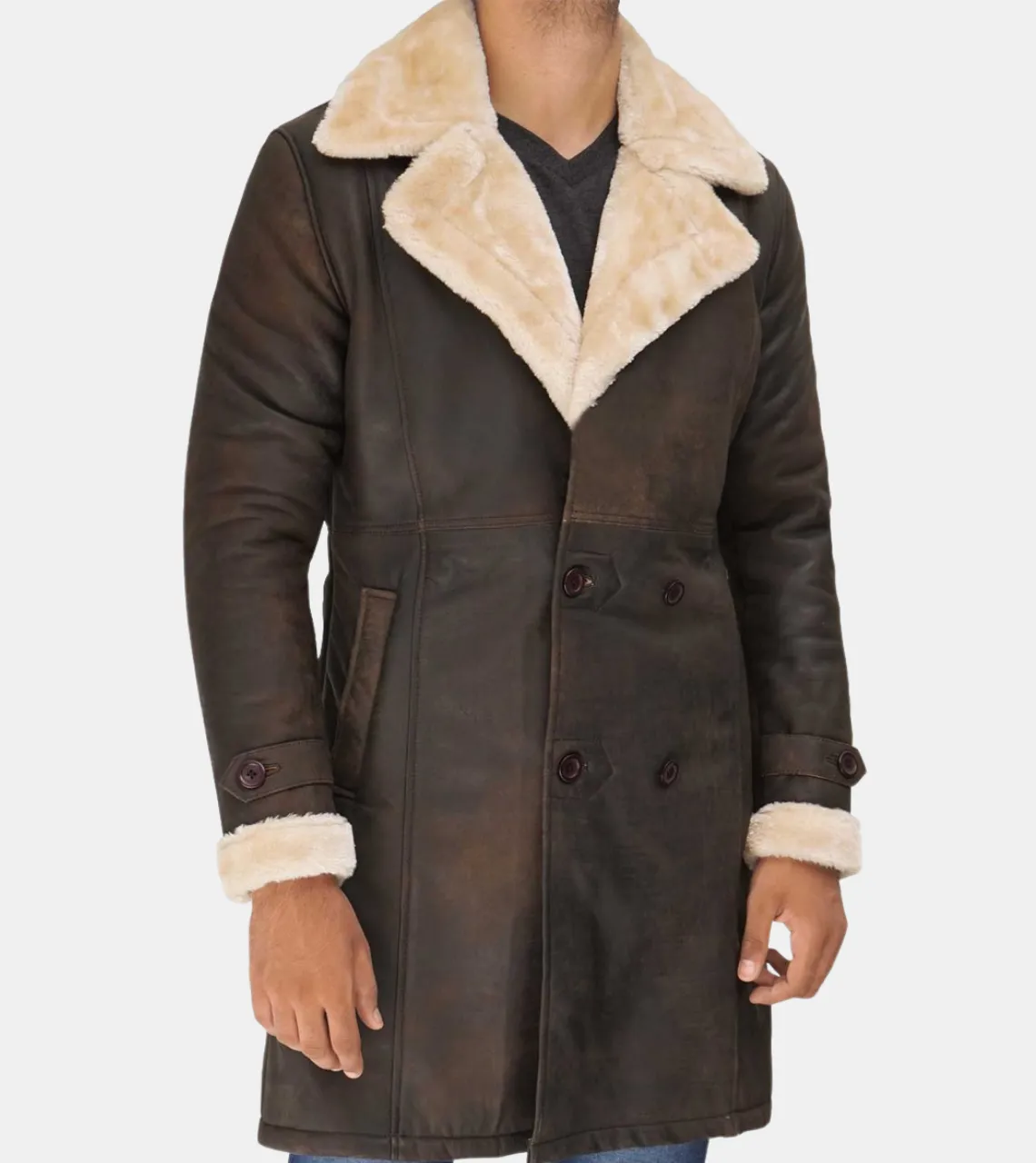 Rebel Men's Brown Bomber Shearling Leather Coat