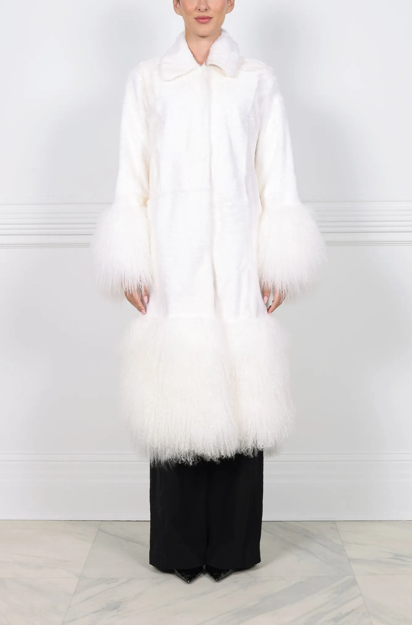 Shearling Coat with Curly Lamb Peplum & Trim