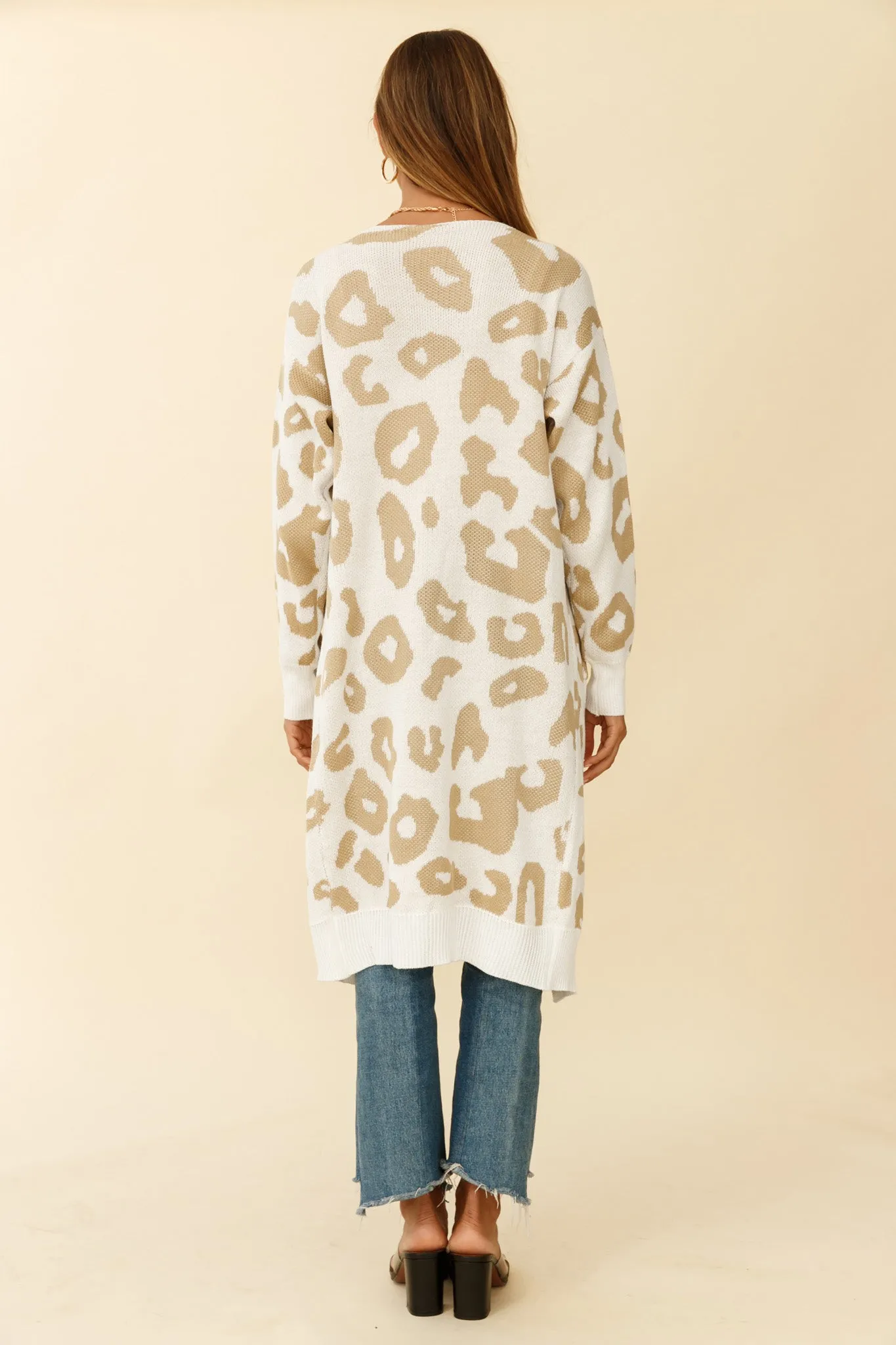 Switch It Up Longline Pocket Knit Cardigan Animal Print White