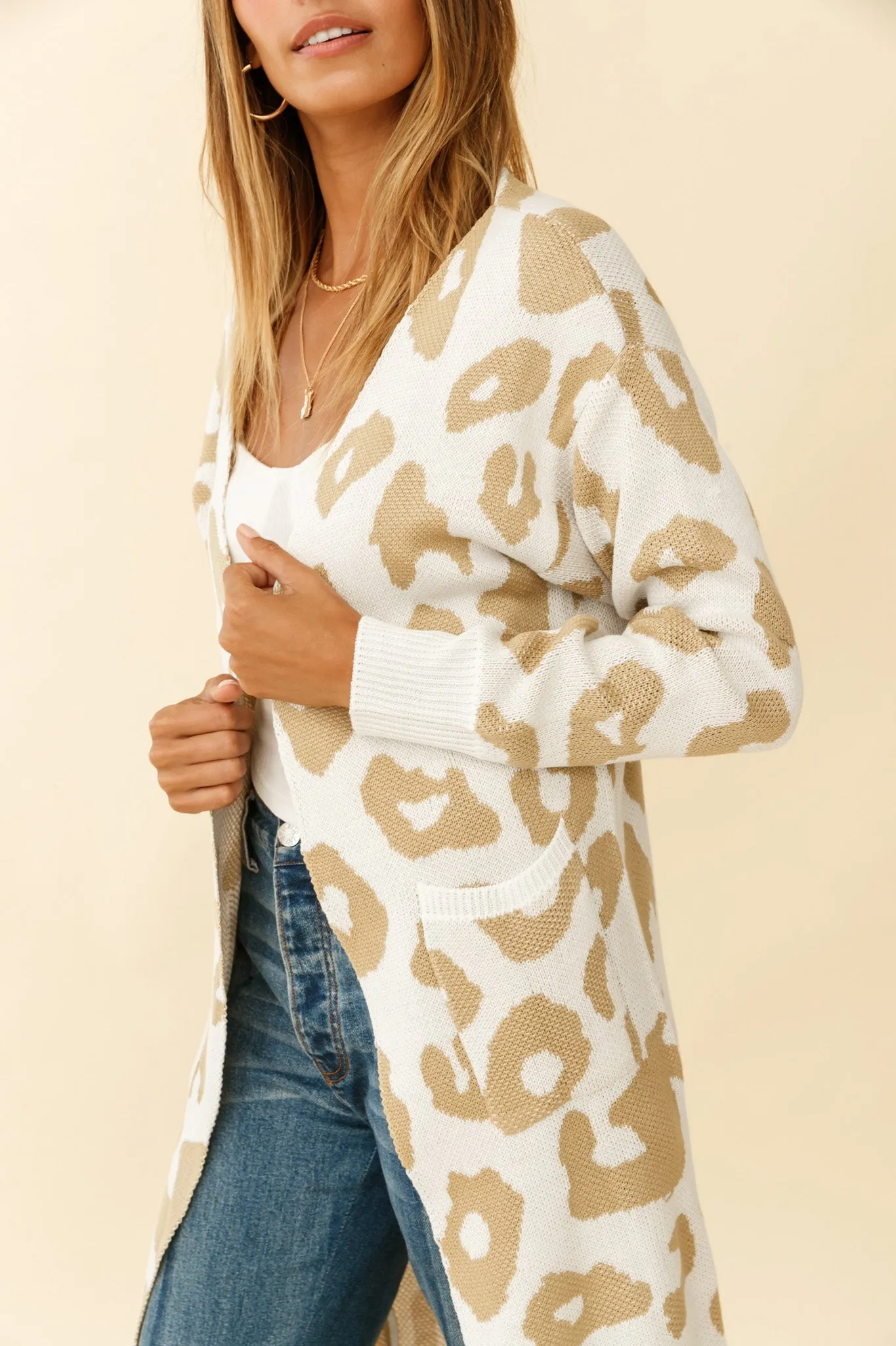 Switch It Up Longline Pocket Knit Cardigan Animal Print White