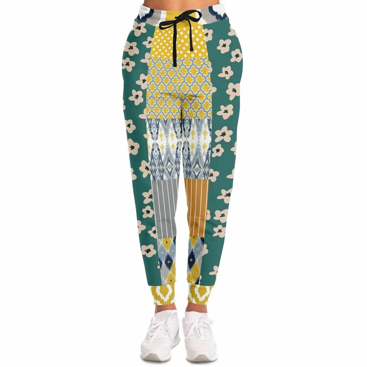 Tallulah Bankhead Yellow Ikat Patchwork Unisex Fleece Joggers