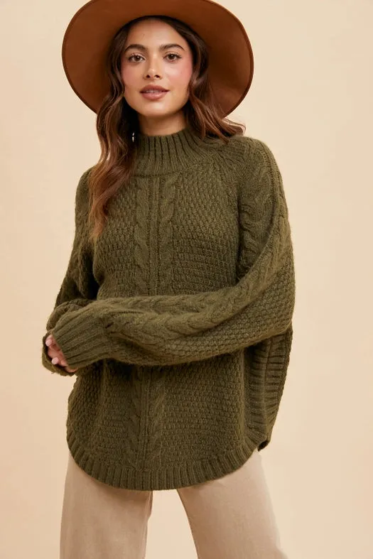 Textured Cable Knit Highneck Sweater OLIVE