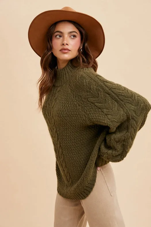 Textured Cable Knit Highneck Sweater OLIVE