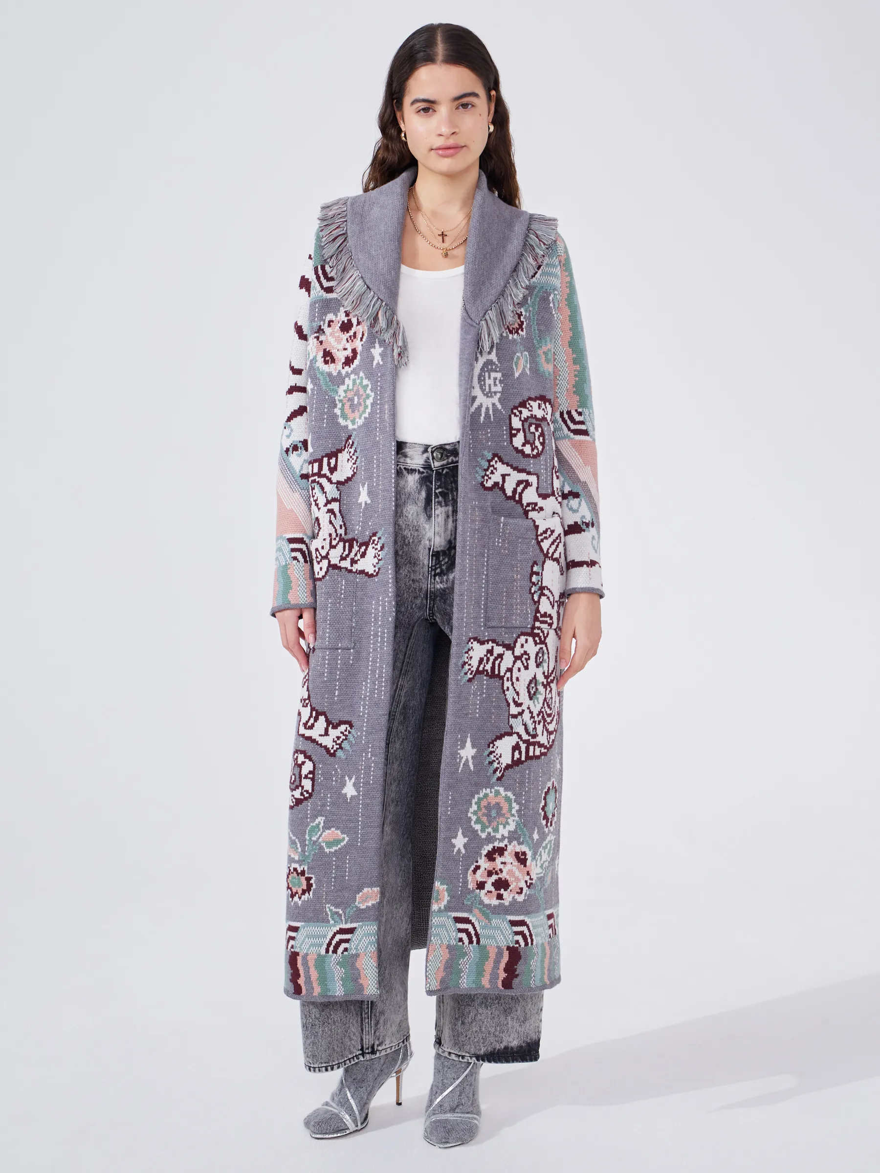 Tibetan Tiger Merino Jacquard Long Cardigan Grey