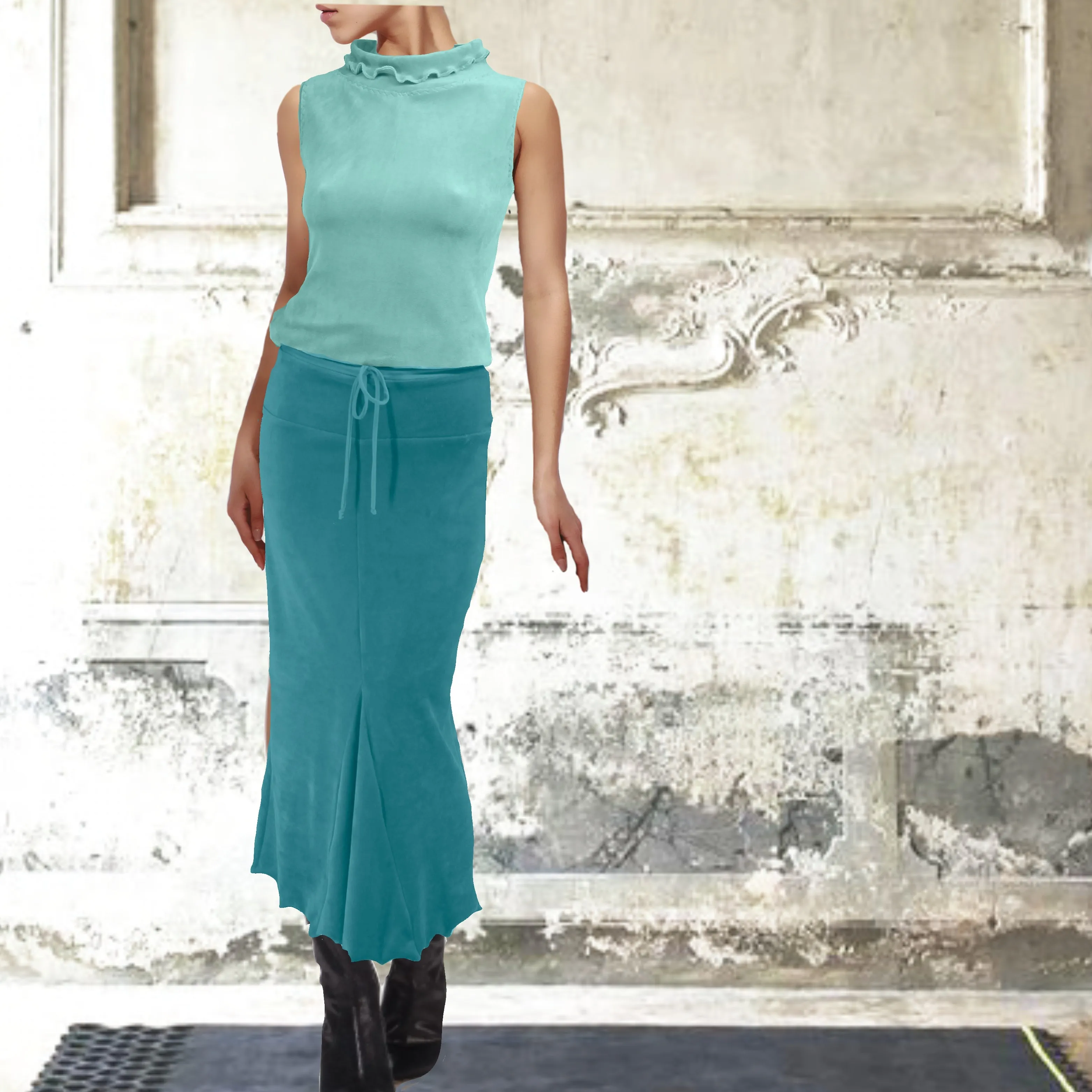 Velours maxi koker rok met volants/velvet maxi  pencil skirt with ruffles and scalloped hem