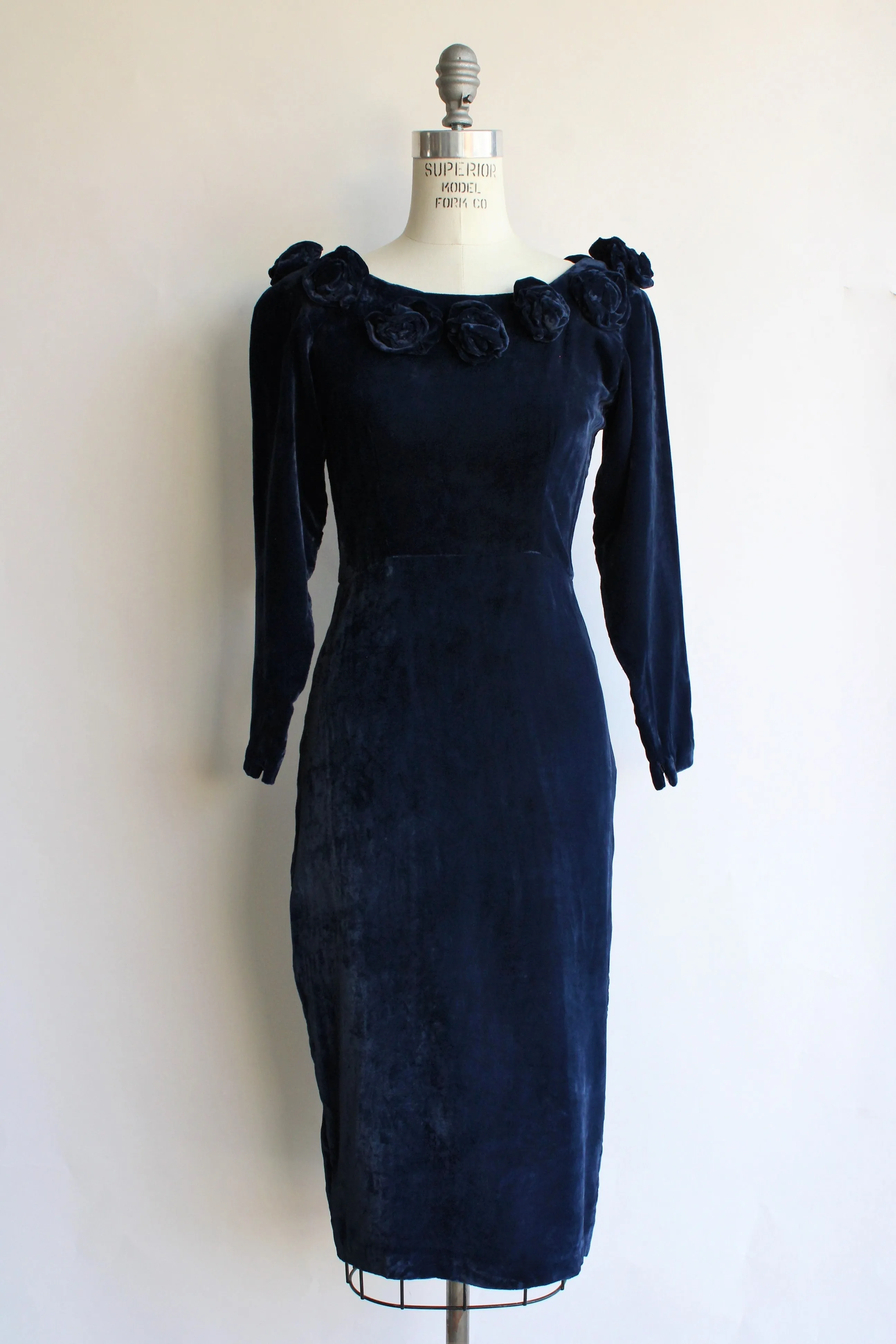 Vintage 1950s Style Blue Velvet Wiggle Dress With Rose Trim