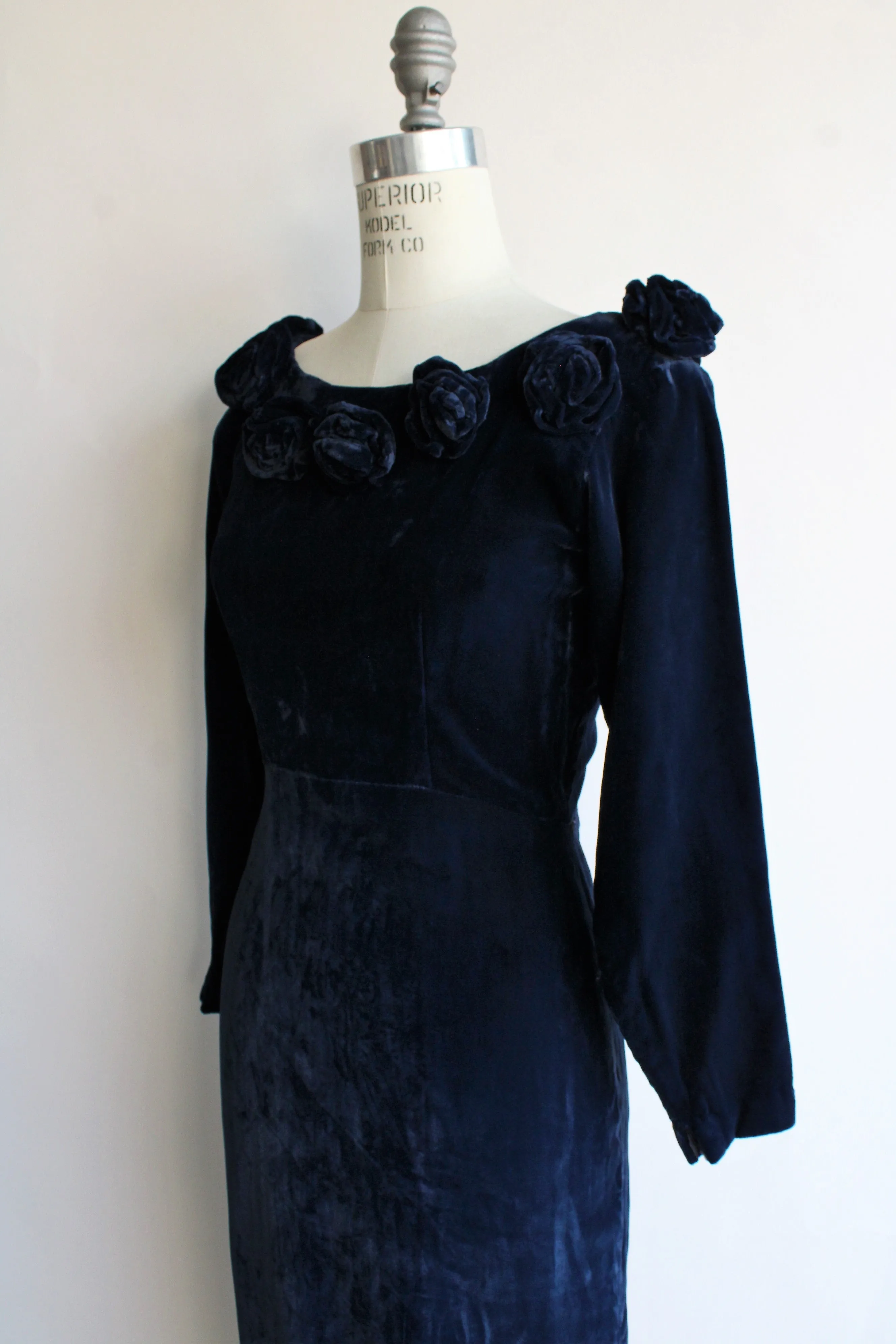 Vintage 1950s Style Blue Velvet Wiggle Dress With Rose Trim