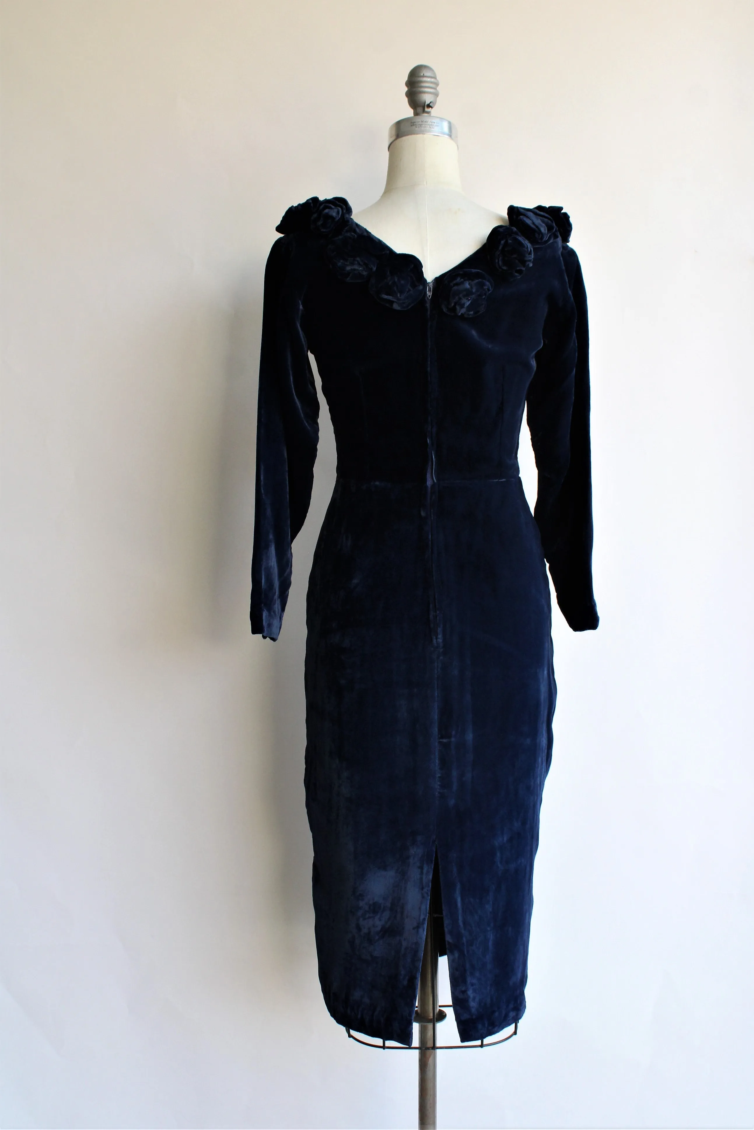 Vintage 1950s Style Blue Velvet Wiggle Dress With Rose Trim