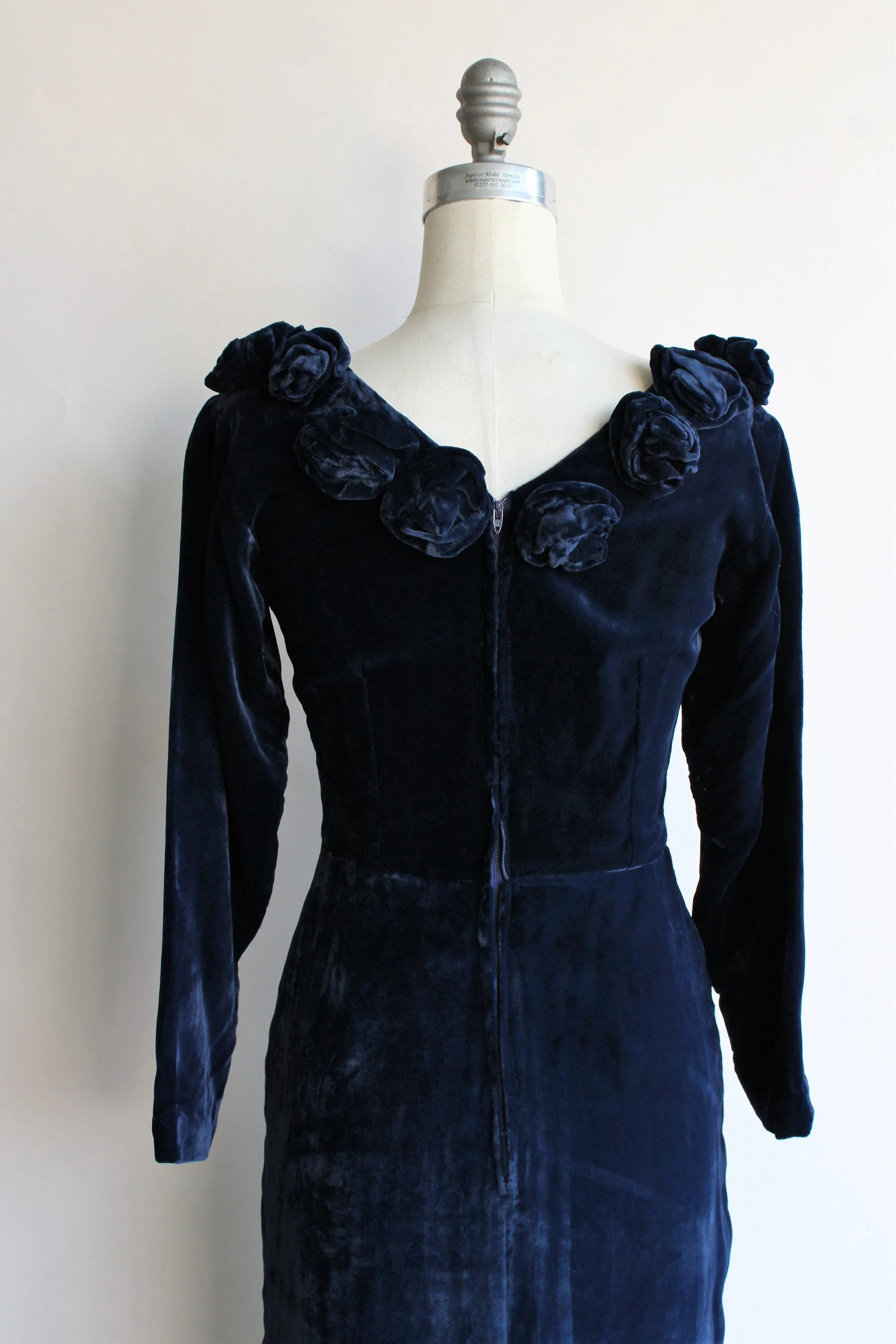 Vintage 1950s Style Blue Velvet Wiggle Dress With Rose Trim