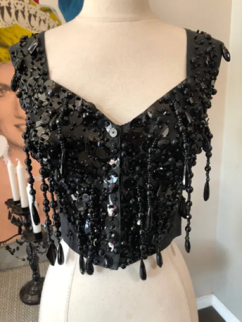 Vintage Size 42 Black Nylon Bustier Beaded 2886-6-8421