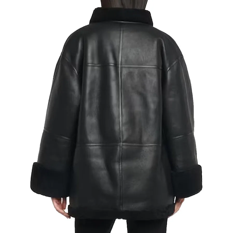 Womens Black B3 Bomber Real Sheepskin Leather Coat with Hooded