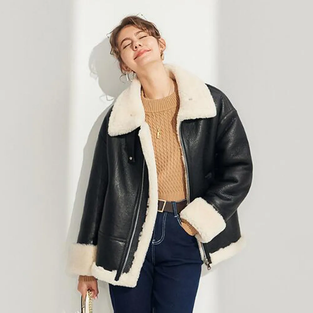 Womens Black Leather Shearling Coat with Lapel Collar