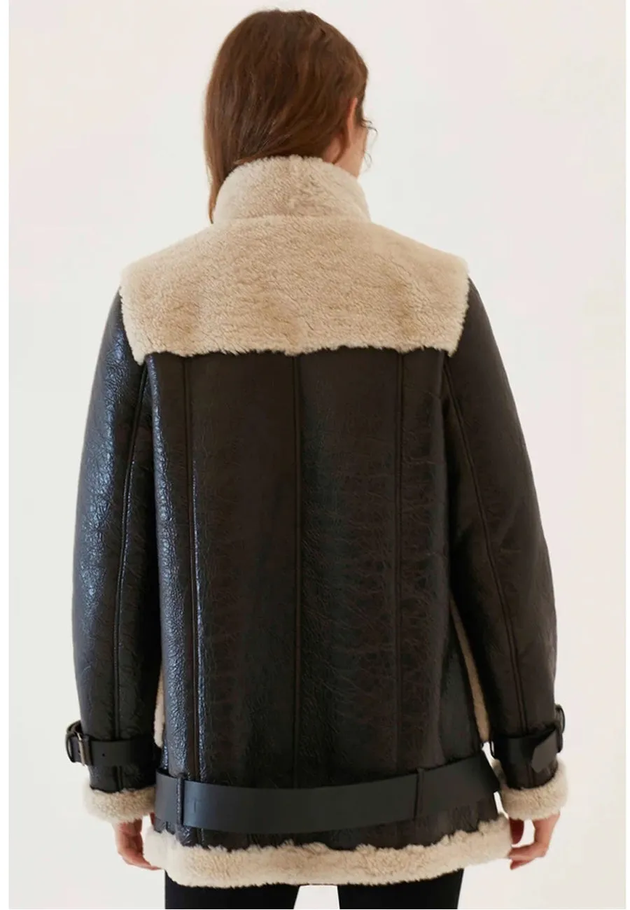 Women’s Black Leather Shearling Long Coat