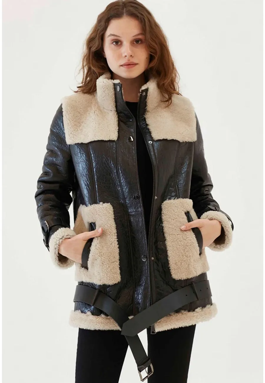 Women’s Black Leather Shearling Long Coat