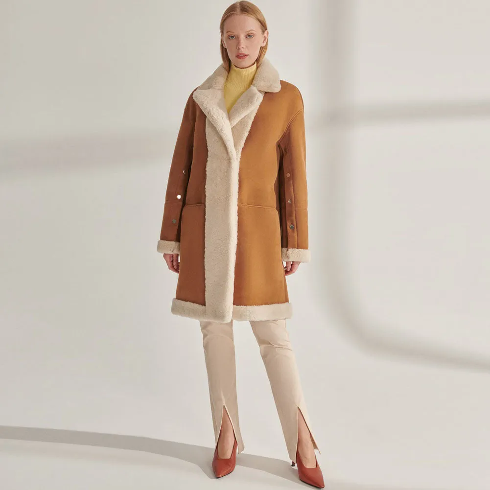 Womens Elegant Suede Leather Shearling Long Coat in Yellow